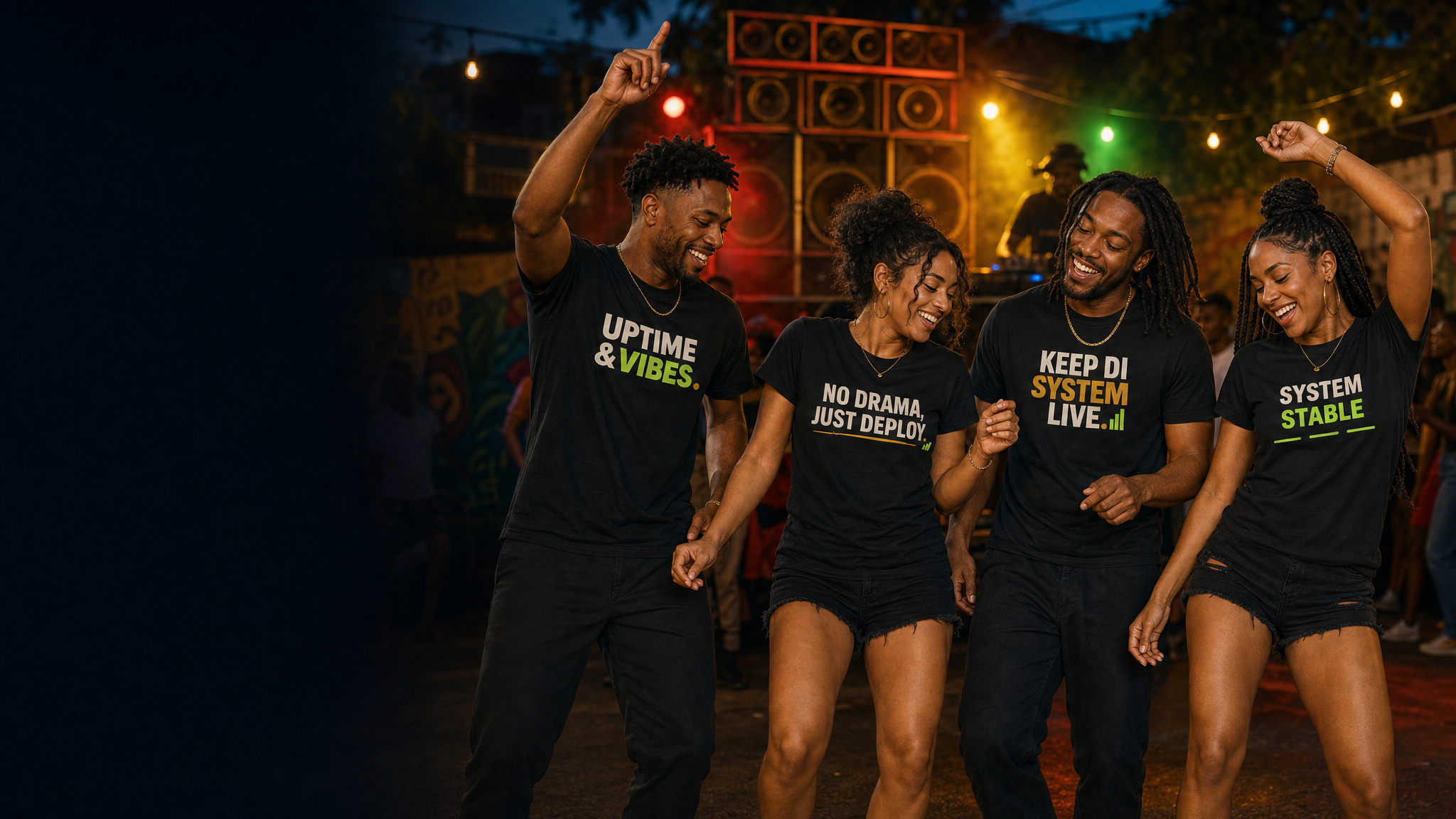 Friends wearing Caretaker Supply Co. Uptime and Vibes shirts at a night sound system gathering