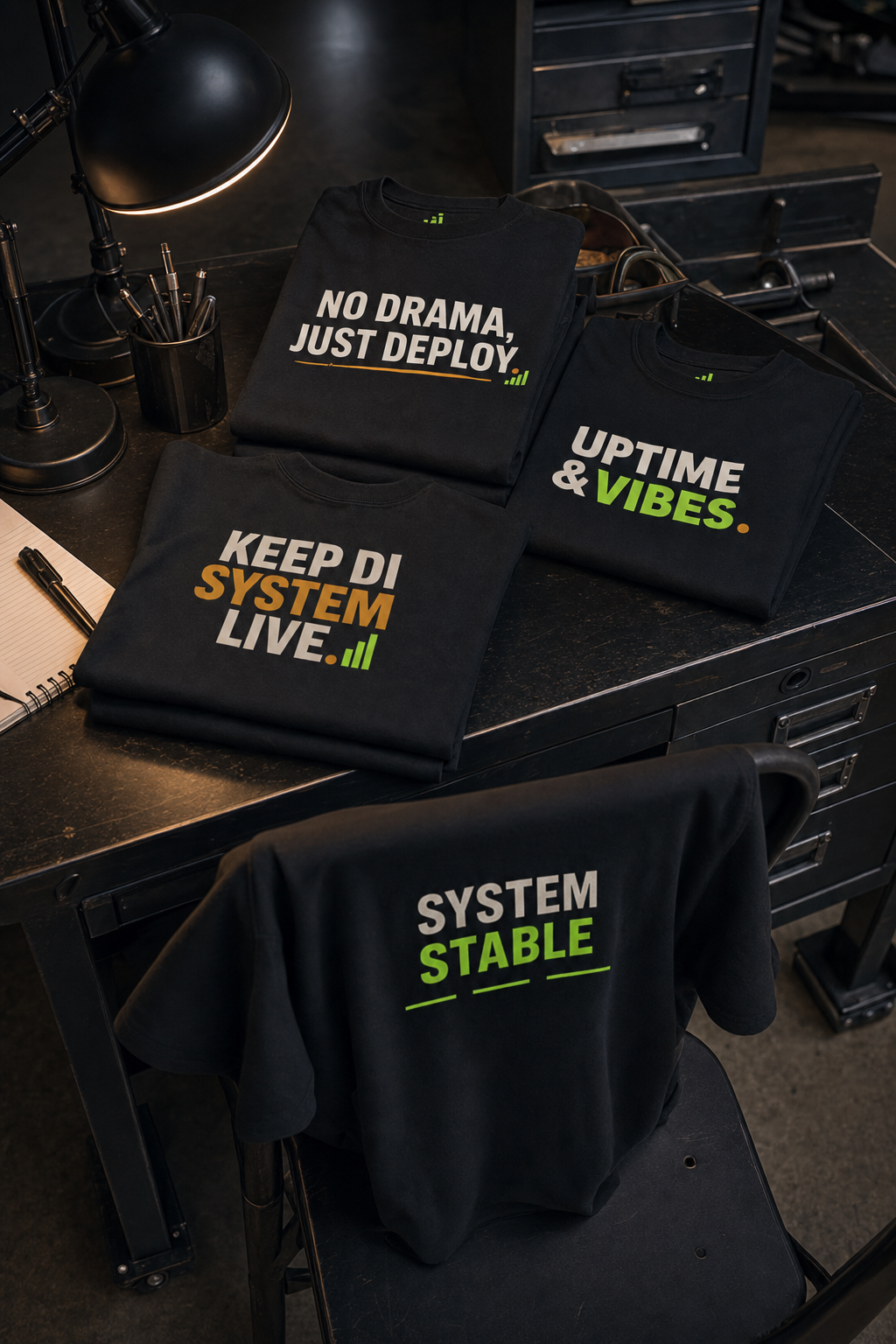 Caretaker Supply Co. tees arranged on a night-shift workbench